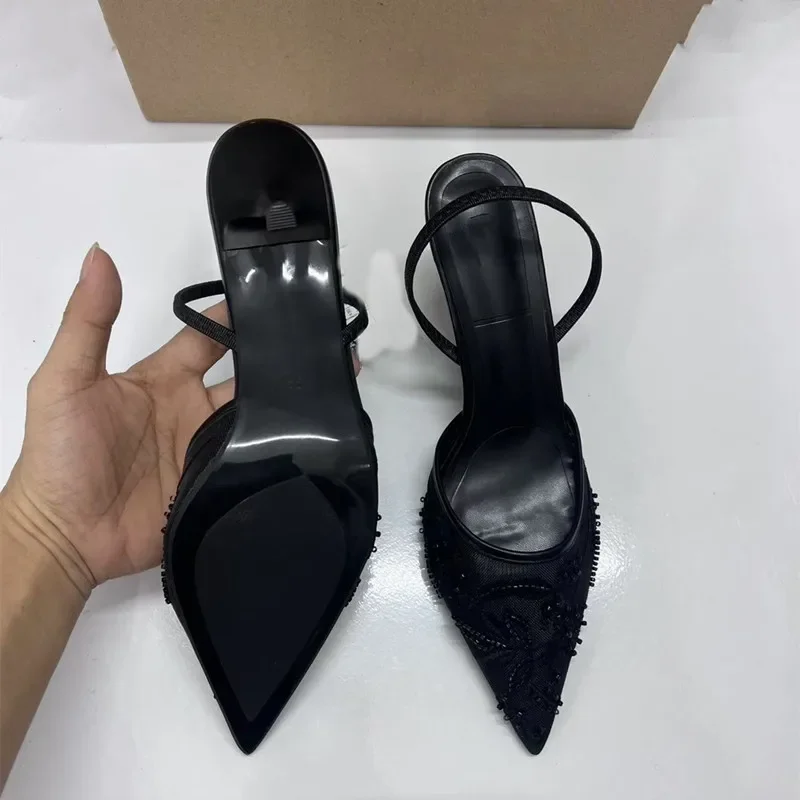 Women Embroidered Mesh Bead String Shoes Black Fashion Print Stiletto Women Slingback Pumps Sexy Pointed End Woman Sandals