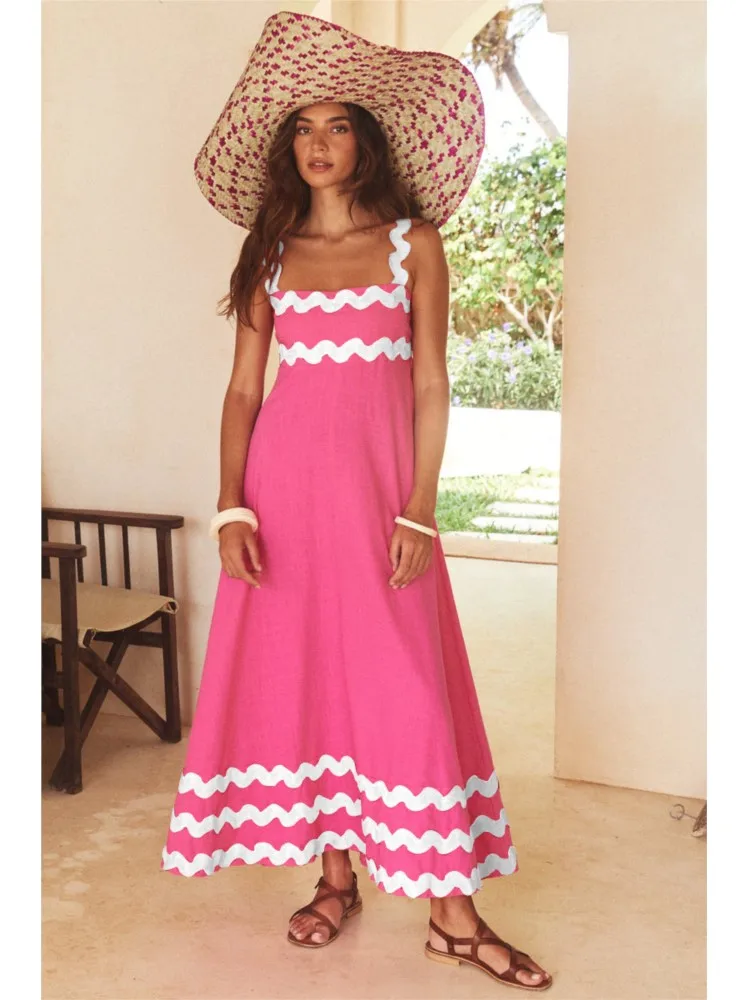 Women's Buffalo Plaid Maxi Dress – Blue Pink Plaid, Spaghetti Strap, V-Neck Summer Dress - View #9
