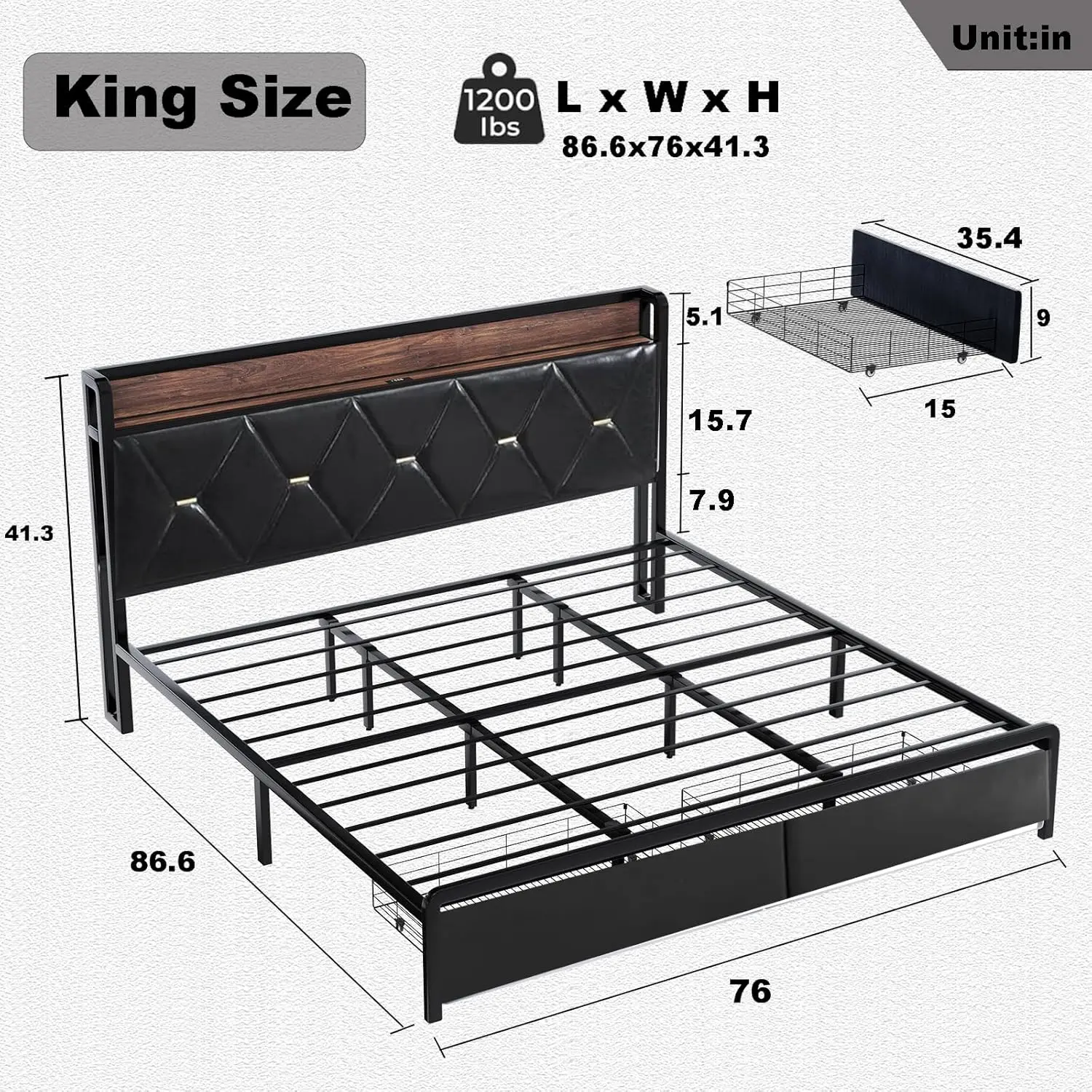 King Size Bed Frame with Headboard and Storage Drawers, Upholstered Black Platform Bed Frame with Storage Typ-C Charging Port 2
