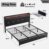 King Size Bed Frame with Headboard and Storage Drawers, Upholstered Black Platform Bed Frame with Storage Typ-C Charging Port 2