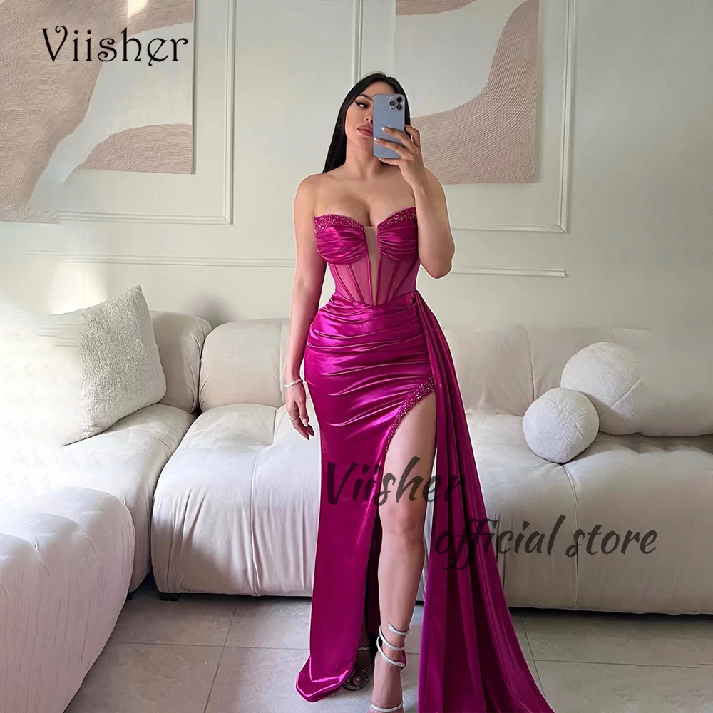 

Viisher Fuchsia Mermaid Evening Dresses with Slit Pleats Satin Sweetheart Prom Party Dress with Train Long Celebrate Event Gown