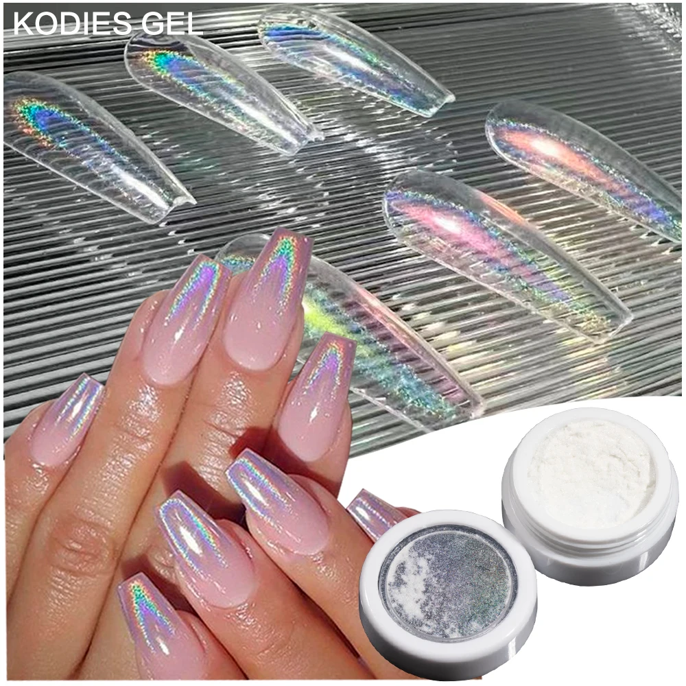 Kodies Gel Holographic Nail Powder Aurora Super Laser Chrome Pigment Dust White Colorshift Unicorn Nail Powder Glitter Manicure