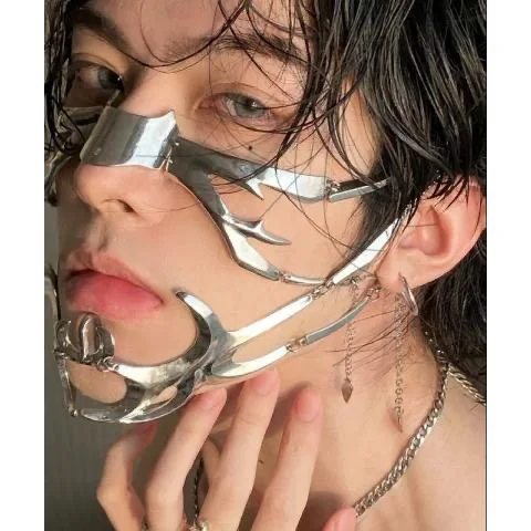 

New 2024 Metal Mask Nose Ring Niche Design With Irregular Fluid Mechanical Sensation Lip Ring Earring Set Adjustable
