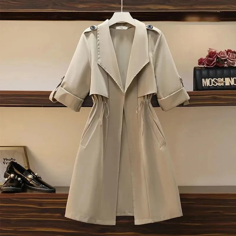 

Womens Khaki Black Thin Trench Coat Female Korean Style Outerwear No Button Mid Length Jacket Elegant Windbreaker Cardigans