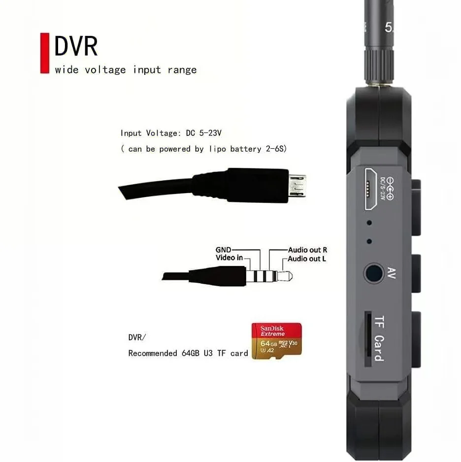 Moniteur FPV 5.8G 4.3 pouces avec émetteur et récepteur affichant un signal vidéo en vol