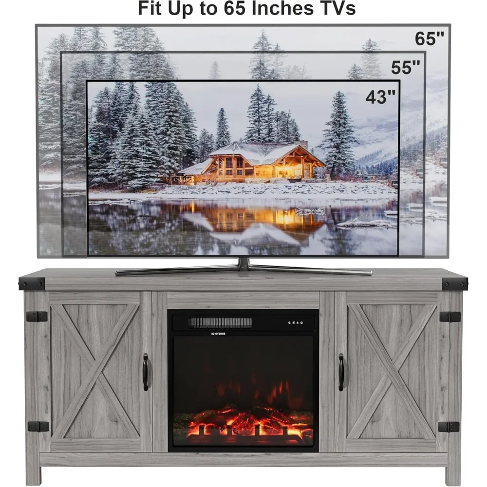 Fireplace TV Stand for Up to 65 Inches TVs, Farmhouse Center with Grooved Barn Doors, Media Console Table with Storage Cabinets 4