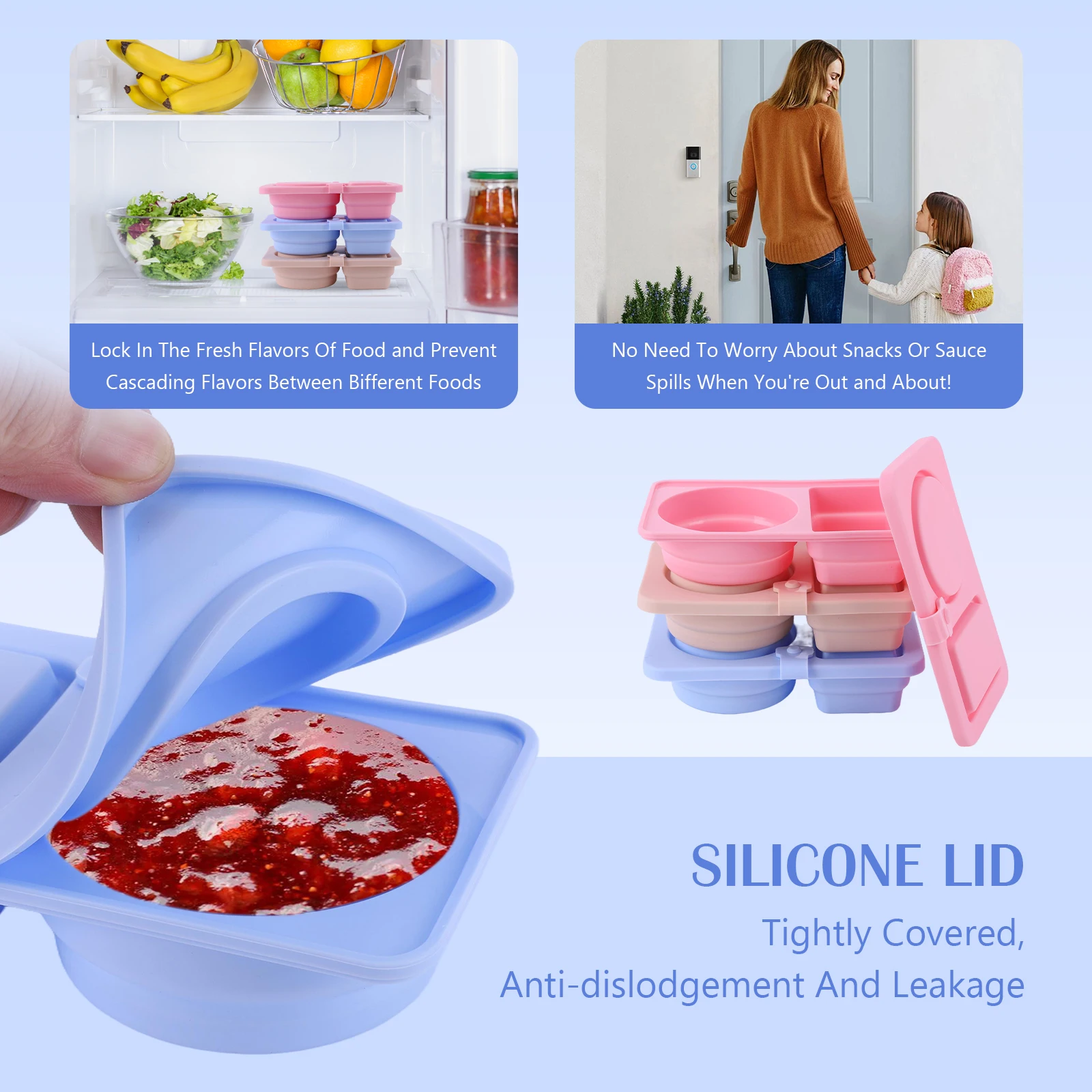 3Pcs 2 Compartment Silicone Snack Containers Multi-Function Food Storage Containers Sauce Seasoning Container for Camping Picnic