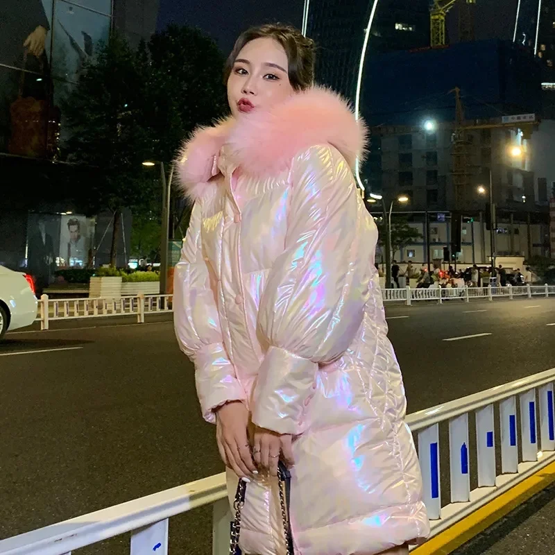 2025 New Winter Parkas Thicken Women's Jacket Puffer Coat Glossy Warm Fur Collar Hooded Long Female Down Cotton Parka Outwear