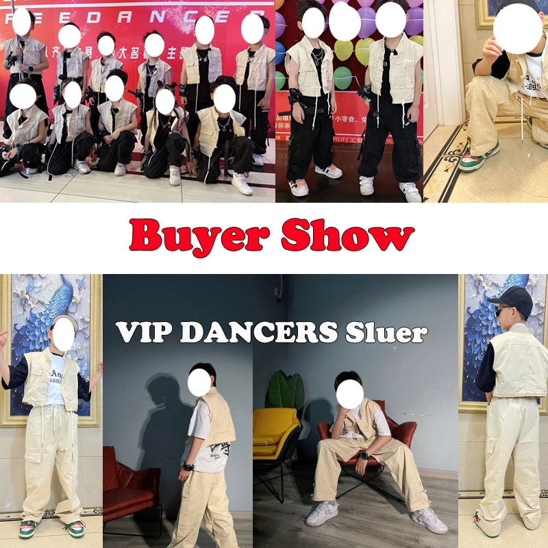 Children'S Khaki National Style Suit Tooling Costumes Boys Kpop Outfits For Girls Street Dance Wear Hip Hop Clothing DQS9848