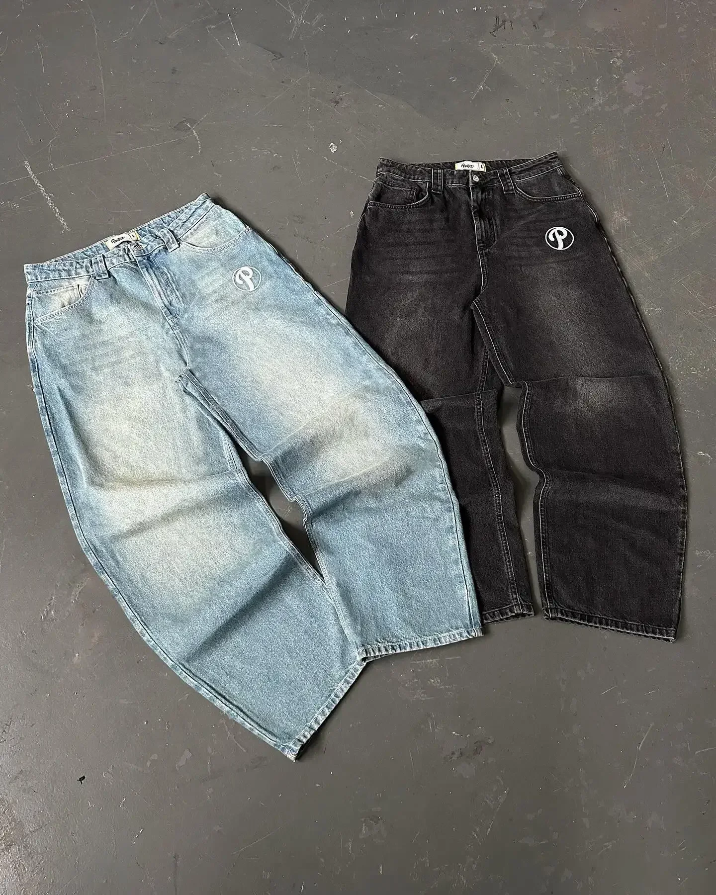 Y2K Streetwear PROTECT Jeans Mens Pants Harajuku Hip Hop Letter Embroidery Vintage Blue Baggy Jeans High Waist Wide Leg Trouser
