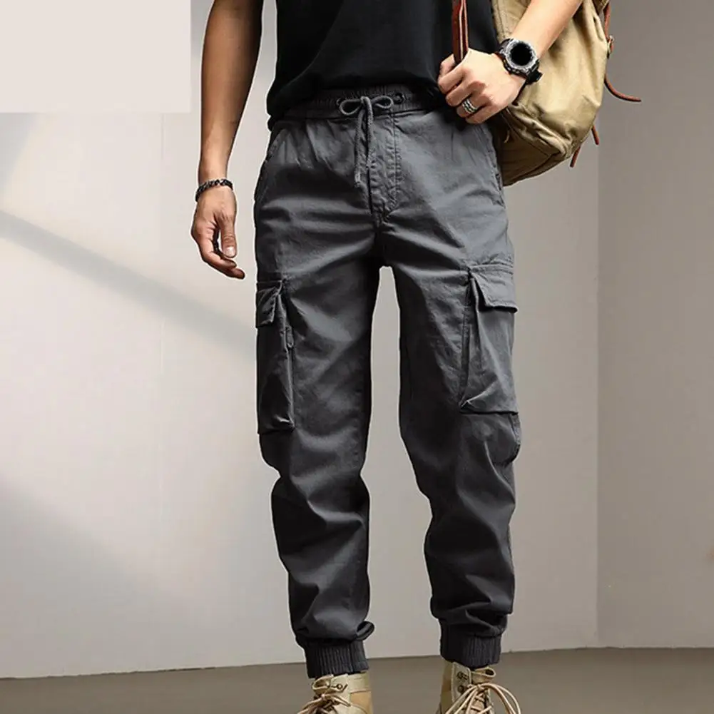 Men Solid Color Pants Men's Cargo Pants with Ankle-banded Design Multiple Pockets Elastic Waist for Sports Comfortable Wear