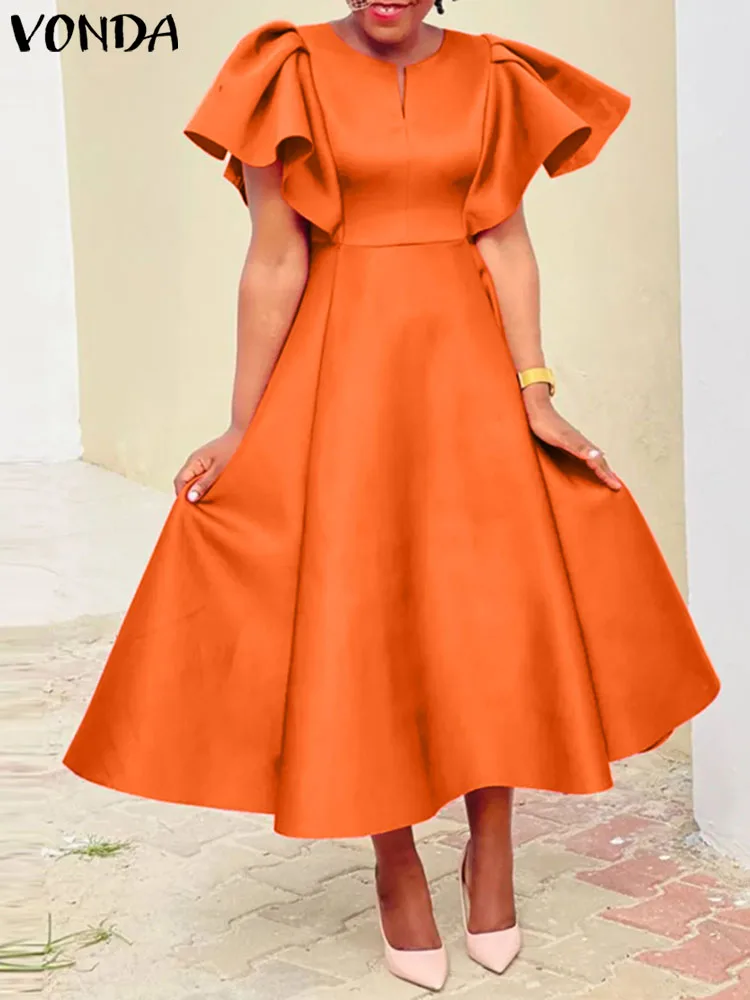 

VONDA Elegant Satin Dress Women Short Sleeve Ruffled Summer Midi Sundress 2023 Casual Solid Color V-Neck A-Line Wedding Robe