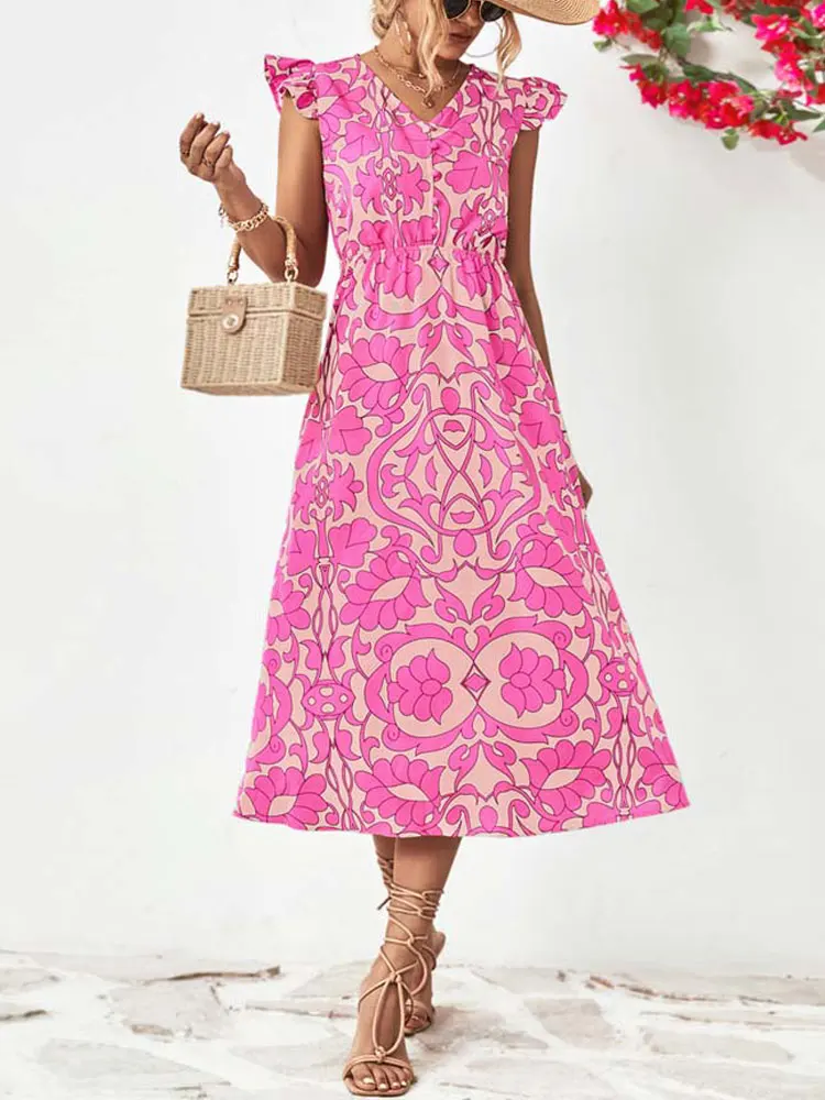 

2023 Summer Long Floral Dress Women Ruffle Flower Maxi Party Dress Ladies V Neck Bohemian A Line Dress For Women