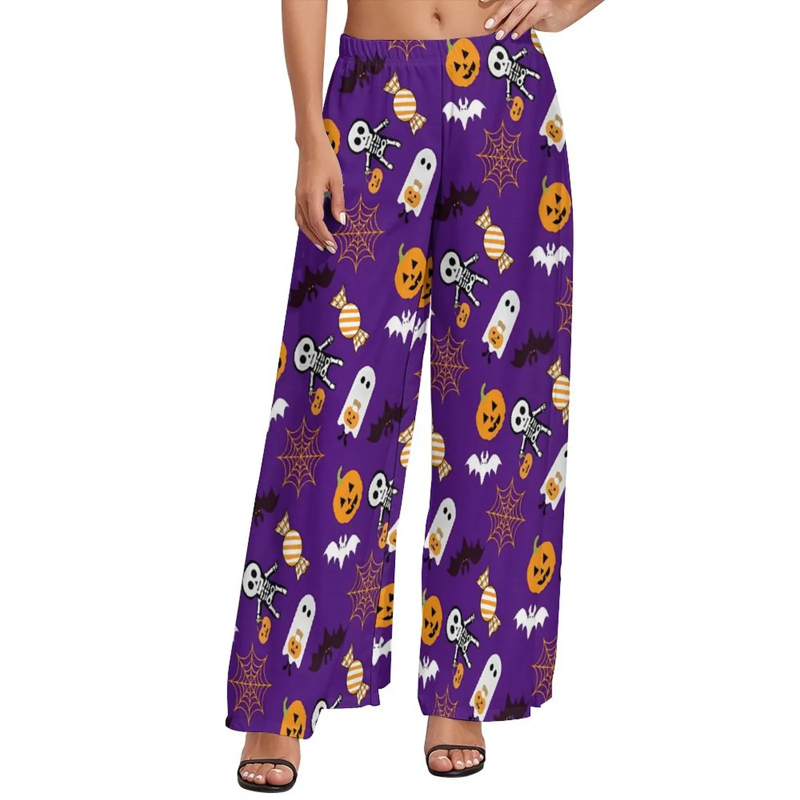 

Cute Ghost Pants Elastic High Waist Halloween Pumpkin Spooky Home Trousers Streetwear Graphic Wide Pants