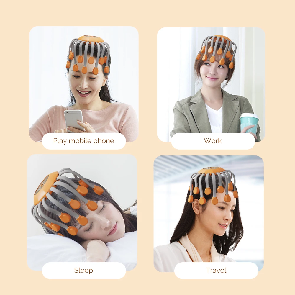 24Massage Heads Orange Scalp Head Massager 360° Rota Red Light Vibrator Octopus Scratcher For Relaxation Stress Migraine