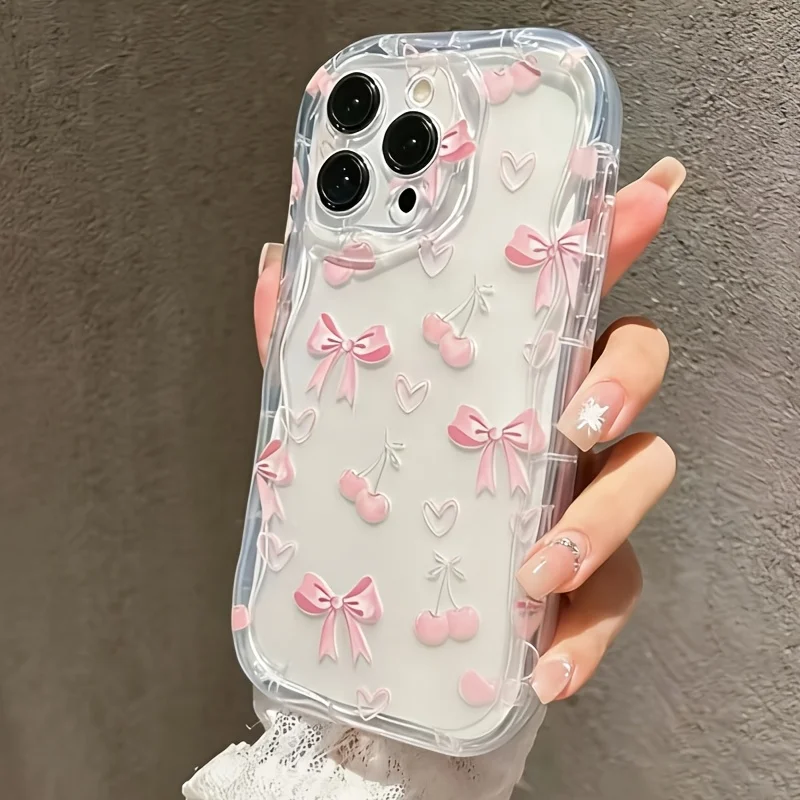 Pink Cherry Bow Wavy-Edge Phone Case Cover