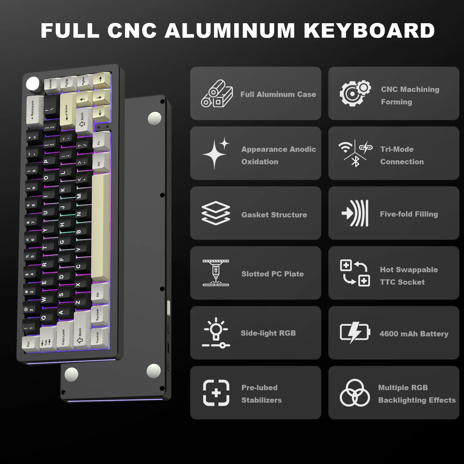 YUNZII AL66 Black 66-Key CNC Aluminum Knob Wireless Bluetooth/2.4G/Wired Hot Swap Gasket Mounted RGB Mechanical Gaming Keyboard