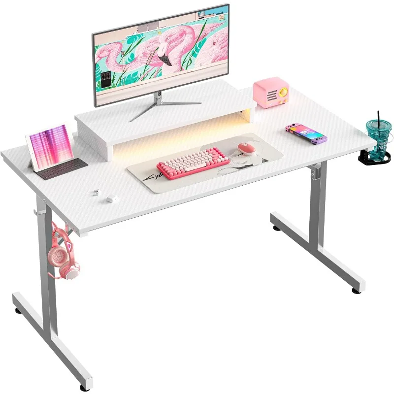 Small Gaming Desk with Monitor Stand, 42 inch LED Computer Desk, Gamer Workstation with Cup Holder & Headset Hooks