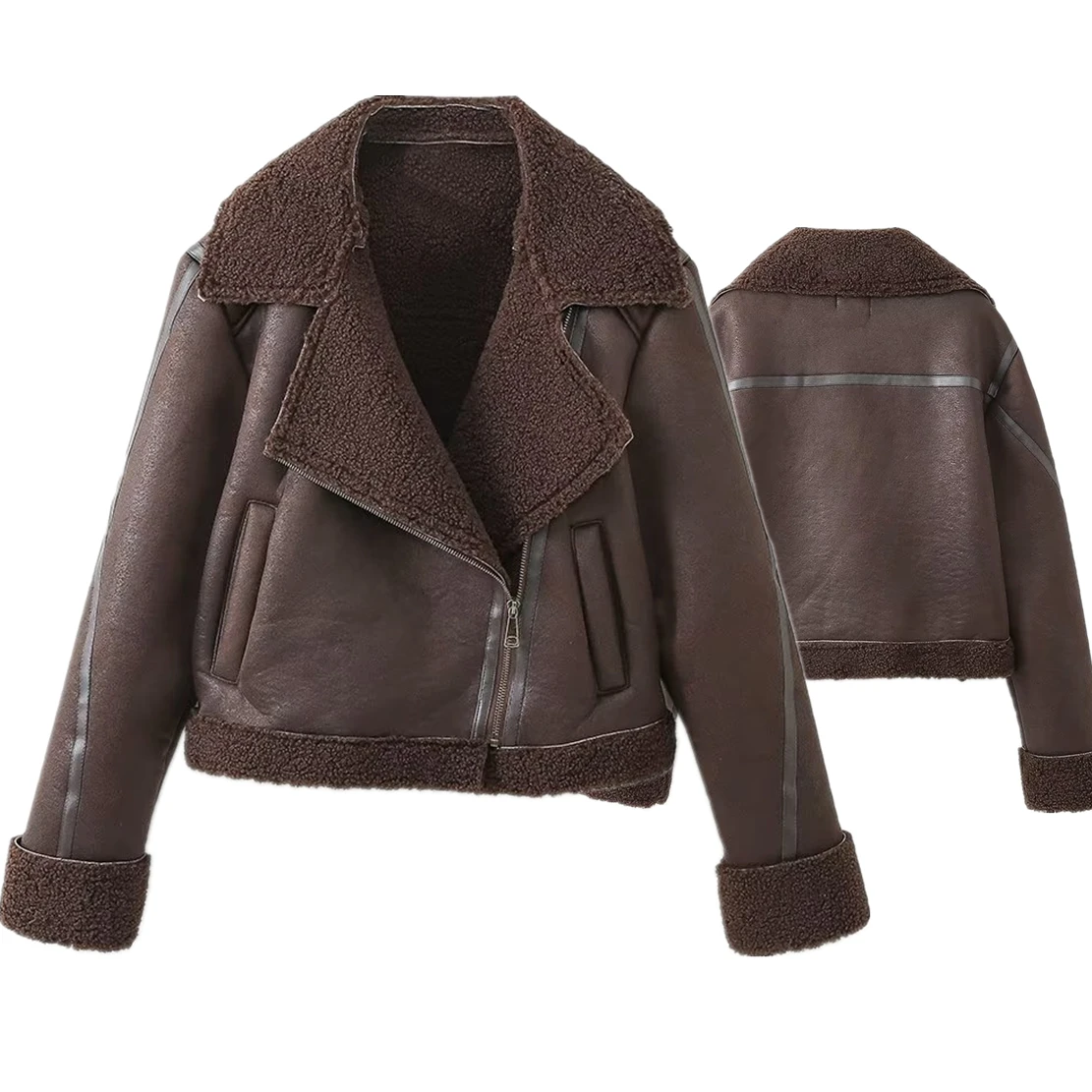 

Dave&Di 2023 Retro Plush Lapel Winter Coat Motorcycle Leather Women Jacket Girls Tops