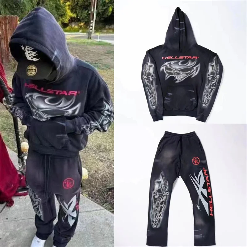 

Hellstar Vintage Washed Old Letter Pattern Printed High Street Loose Couple Hoodies And Pants