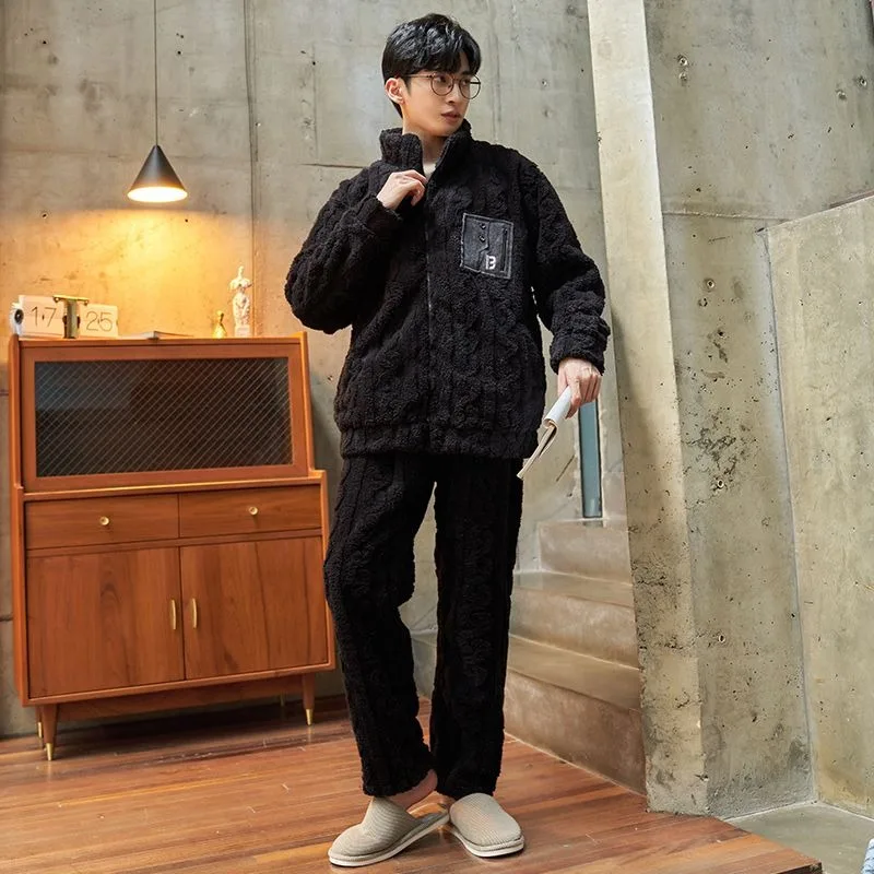 2024 New Coral Fleece Men's Pajamas Autumn Winter Sleepwear Thick Warm Homewear Stand Collar Zipper Flannel Warm Loungewear Set