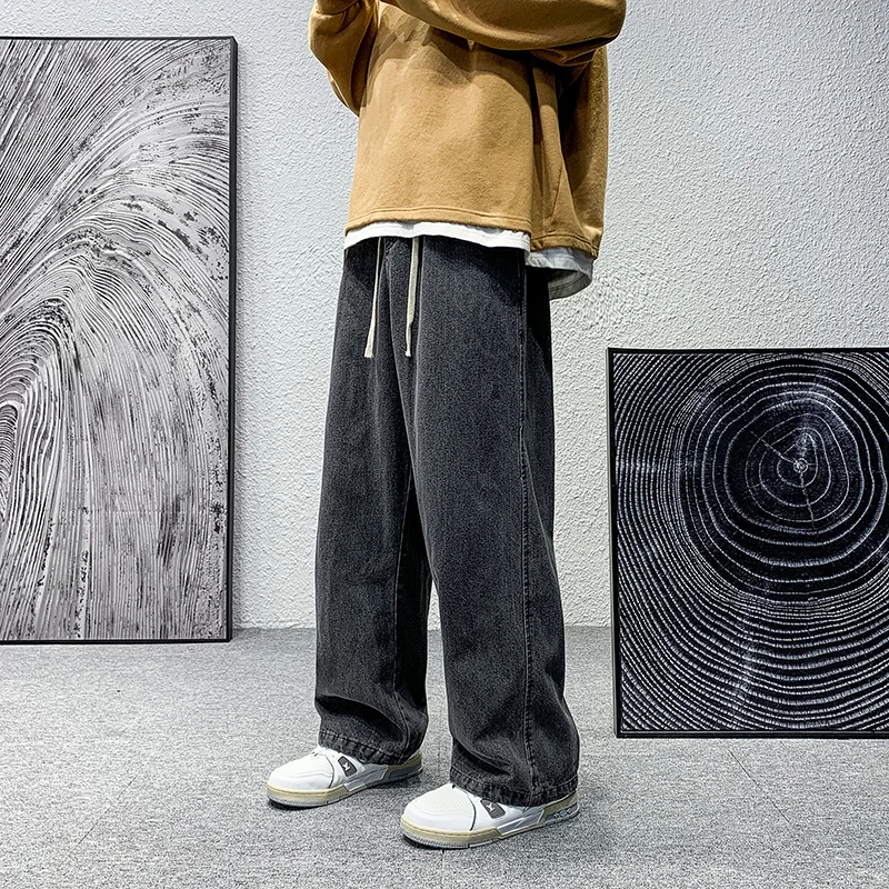 Men's Baggy Jeans Korean Fashion Elastic Waist Classic Solid Color Straight Leg Pants Denim Wide Leg Pants Men's Blue Gray Black
