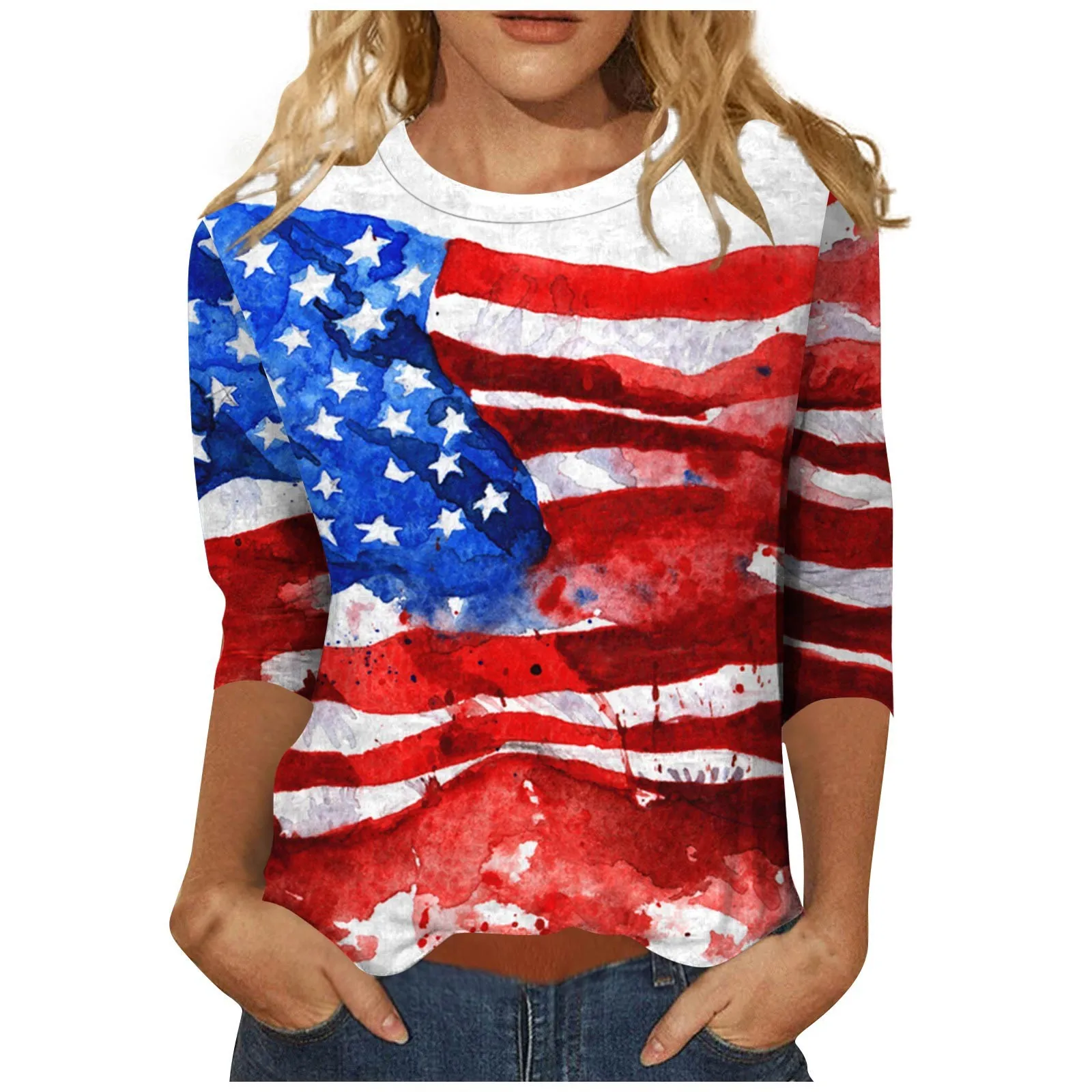 

2024 Personalized design women's shirts Women's Fashion Casual Seven-point Sleeve Independence Day Print Crewneck Top
