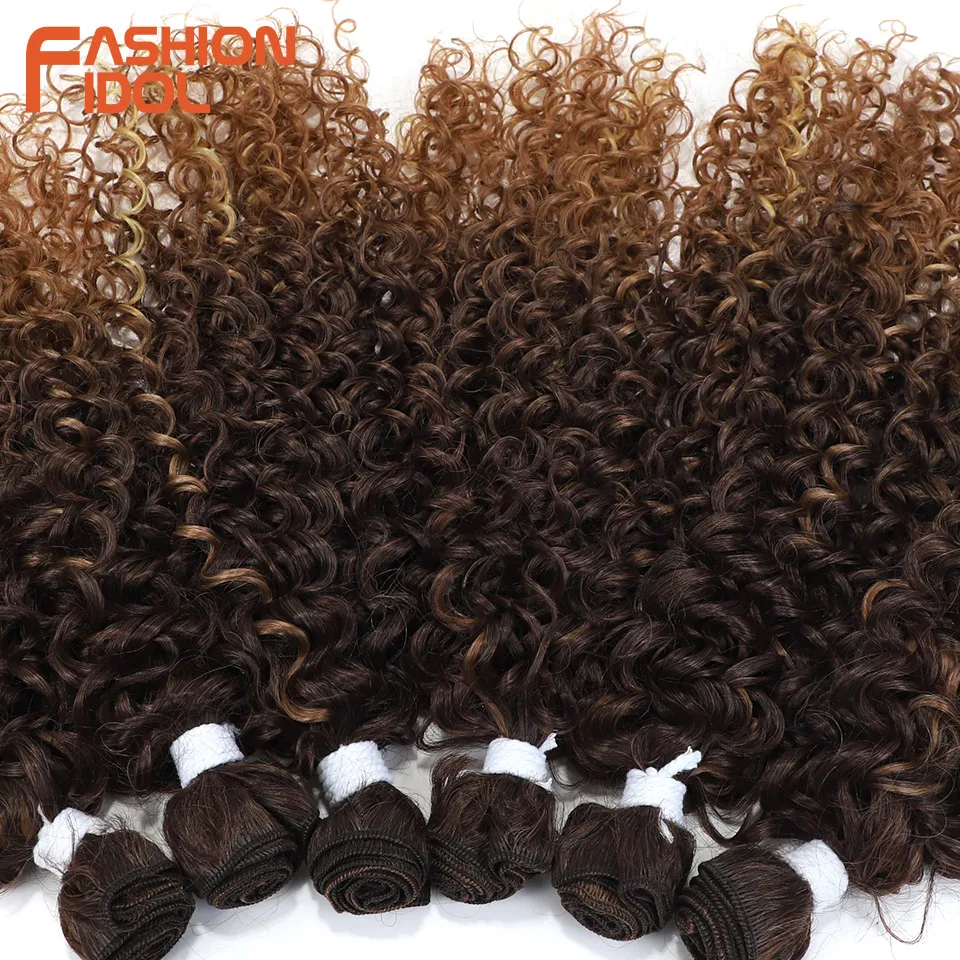Afro Kinky Curly Hair Extensions 6PCS 14-18 inch Synthetic Hair Bundles Weave Ombre Brown Fake hair extensions