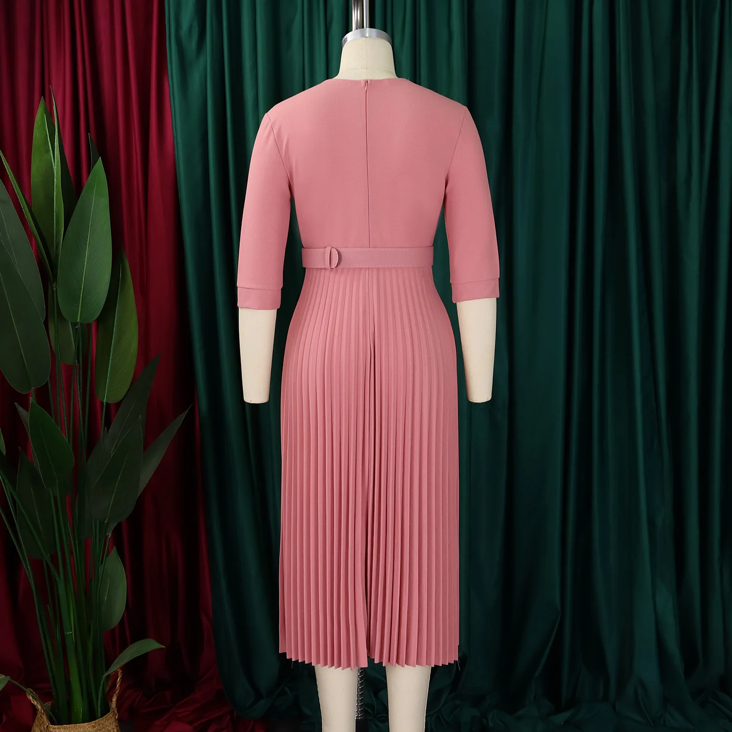 XIOCEAN Elegant Office Dresses Pleated for Woman Notched Collar Half Sleeve Belt Waisted Mid Calf Afircan Business New Robe