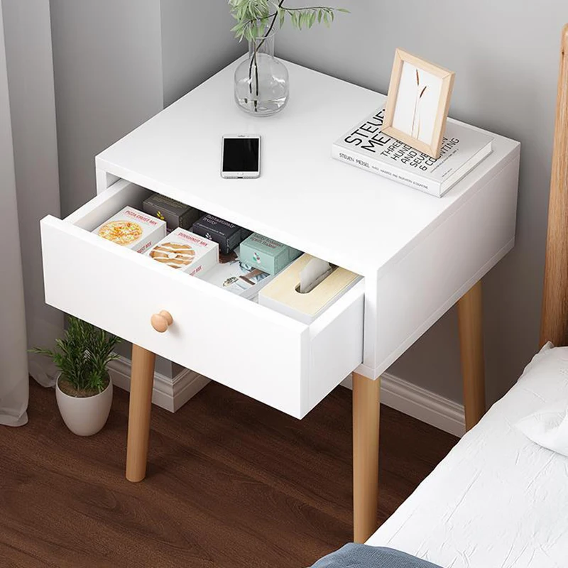 Description Picture 6 of itemNightstand with Drawer, Modern Bedside Table with Solid Wood Legs, Adorable Practical End Side Table with Open Storage Shelf