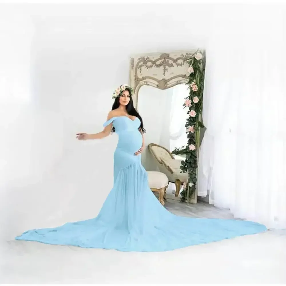 

Long Shoulderless Maternity Dresses For Photo Shoot Sexy Fancy Pregnancy Dress Chiffon Pregnant Women Maxi Gown Photography Prop