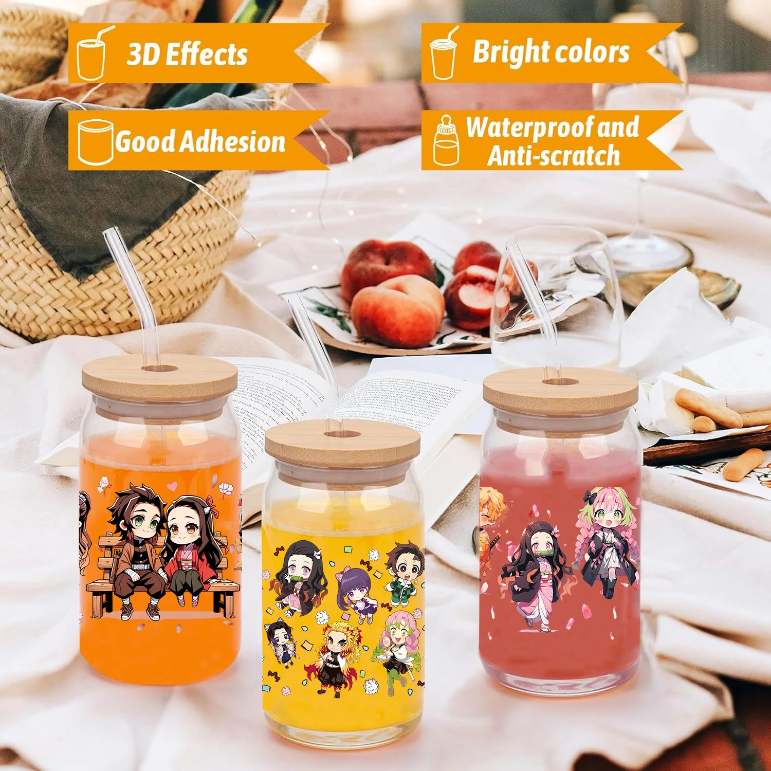 Japanese anime peel waterproof DIY Decals 3D transfers uvdtf crystal stickers 16oz uv dtf cup wraps for Libbey Glasses