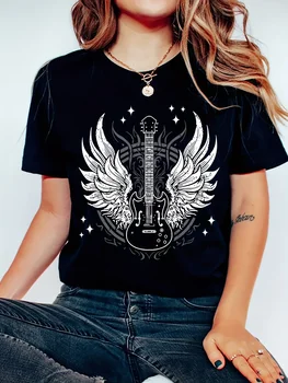 Guitar Wings  Print Sports T-Shirt Round Neck Short Sleeve Workout Shirts Sportswear for Women Harajuku Goth Tops 1