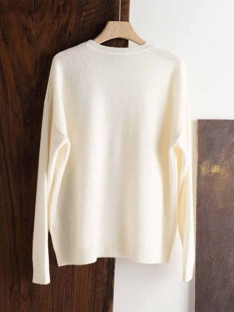 

Women 4 Colors Knitted Pullover Tops Autumn 2023 New Bead Decoration O-Neck 100% Cashmere All-Match Casual Sweater for Ladies