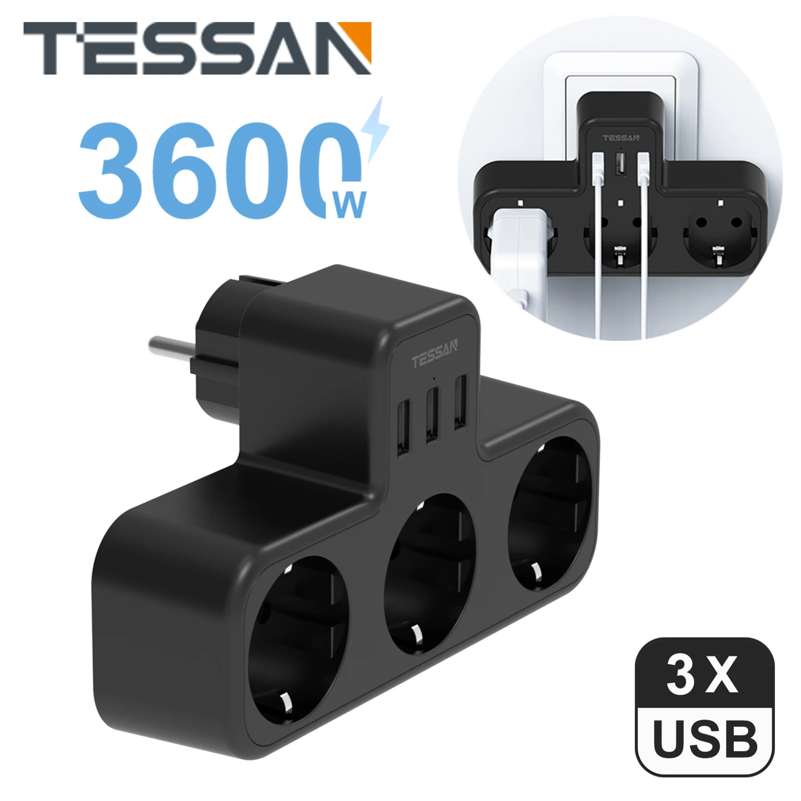 

TESSAN EU Plug Power Strip with 3 AC Outlets + 3 USB Charging Ports 5V 2.4A, 6 in 1 Multiple Wall Socket Adapter for Home Office