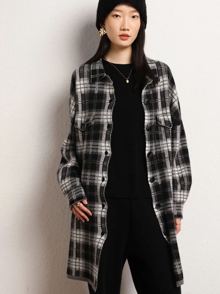 Turn-Down Collar Sweater Coat  Woman's Sweaters Female Cardigans Long Sleeve Casual Plaid Loose fit womens Jackets 100% Wool Knitted Large Size Tops Coats for Woman in trends black white