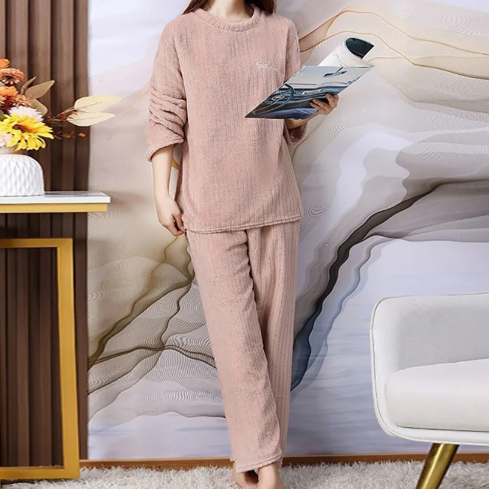 Autumn Winter Flannel Pajamas Women's Two-piece Loose Casual Homewear New O-neck Women's Striped Coral Fleece Simple Pajamas