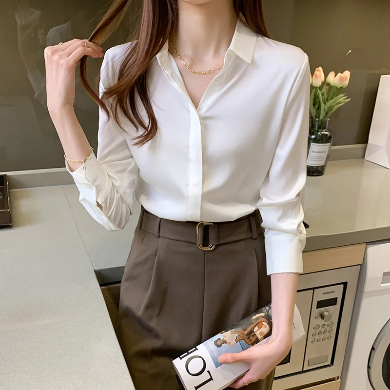 2023 new Women's Fashion Vintage Silk Satin Shirts Long Sleeve Tops Solid Color Plus Size Blouses