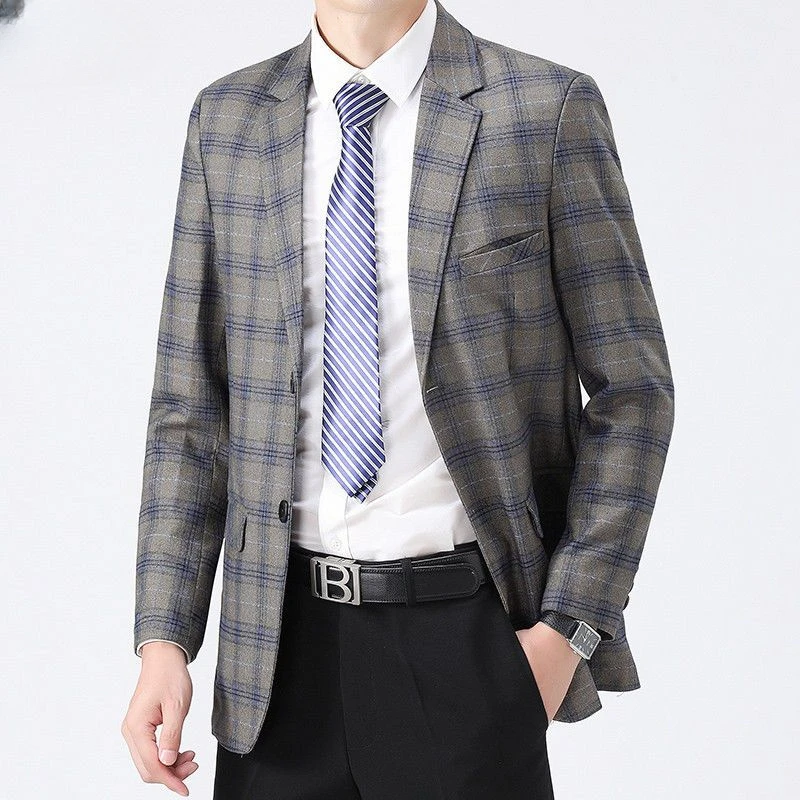 

2023 Boutique Suit Blazer Men's Fashion Business Coats Tops Casual Slim-Fit Plaid Gentleman Wedding Host Work Jacket Men D73