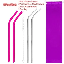 Reusable Silicone and Stainless Steel Straw Set with Cleaner Brush and Bag (6PCS a set)