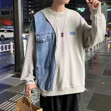 

Estceque Patchwork Denim O-neck Man Hoodies Long Sleeve Pullover Loose Streetwear Casual Vintage Black Hoodies Men 2022 New