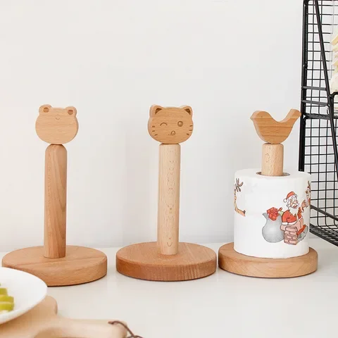 

Japanese Style Solid Wood Tissue Holder Kitchen Toilet Roll Paper Storage Rack Cartoon Animal Head Beech Wood Bathroom Tool S