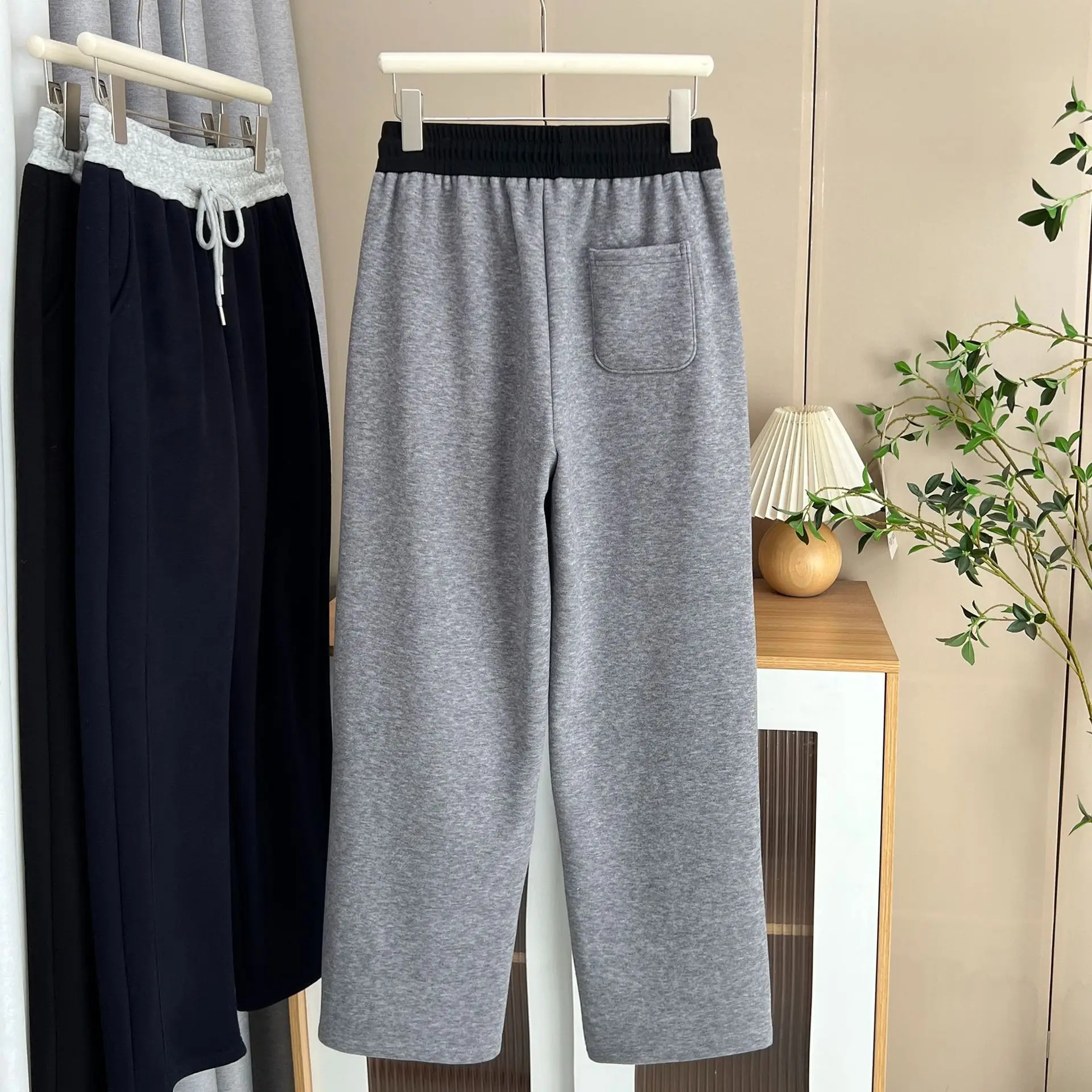 XXXXL Fashion Plus Size Women's Straight Leg Pants Casual color-blocking Waist Fleece Thickened Trousers For Autumn And Winter