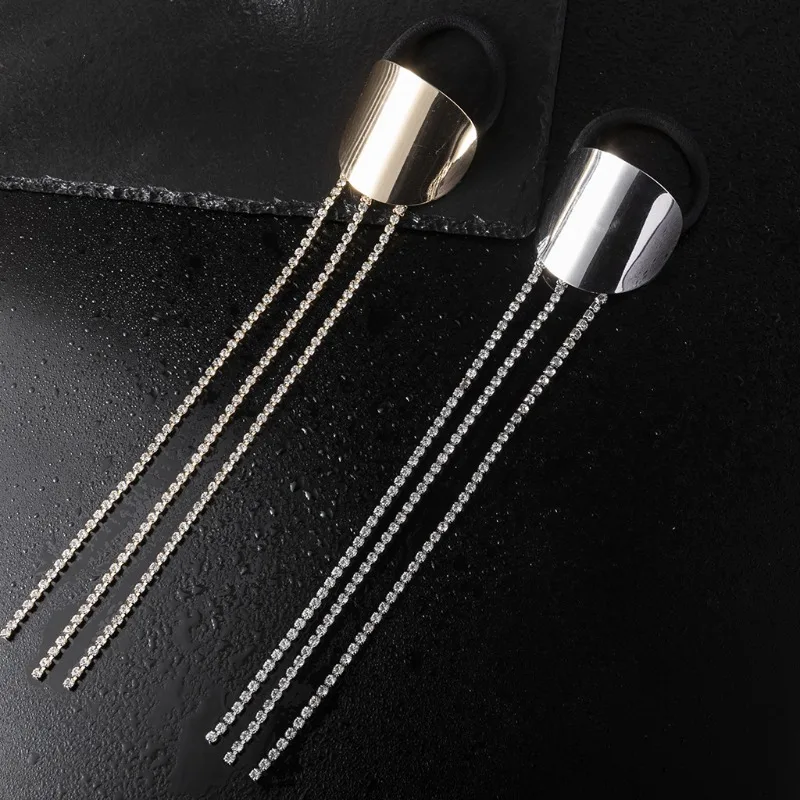 Metal Oval Rhinestone Tassel Hair Rope High-end Long Style Personalized Temperament split bow rhinestone black straight jeans woman high waist cotton elastic denim pants all match ankle length long trousers