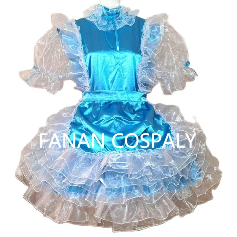 

Adult Giant Baby Sexy Girl Blue Thin Satin Sissy Organza Short Sleeve Dress Maid Role Play Customized Multi Color Lockable