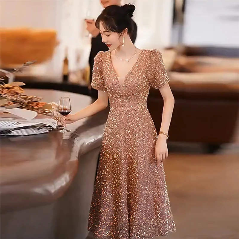 Sequin Evening Dress for Women, Birthday Ball Party, Host Dress, Annual Meeting Party Dress, Graduation Performance, New, 2024
