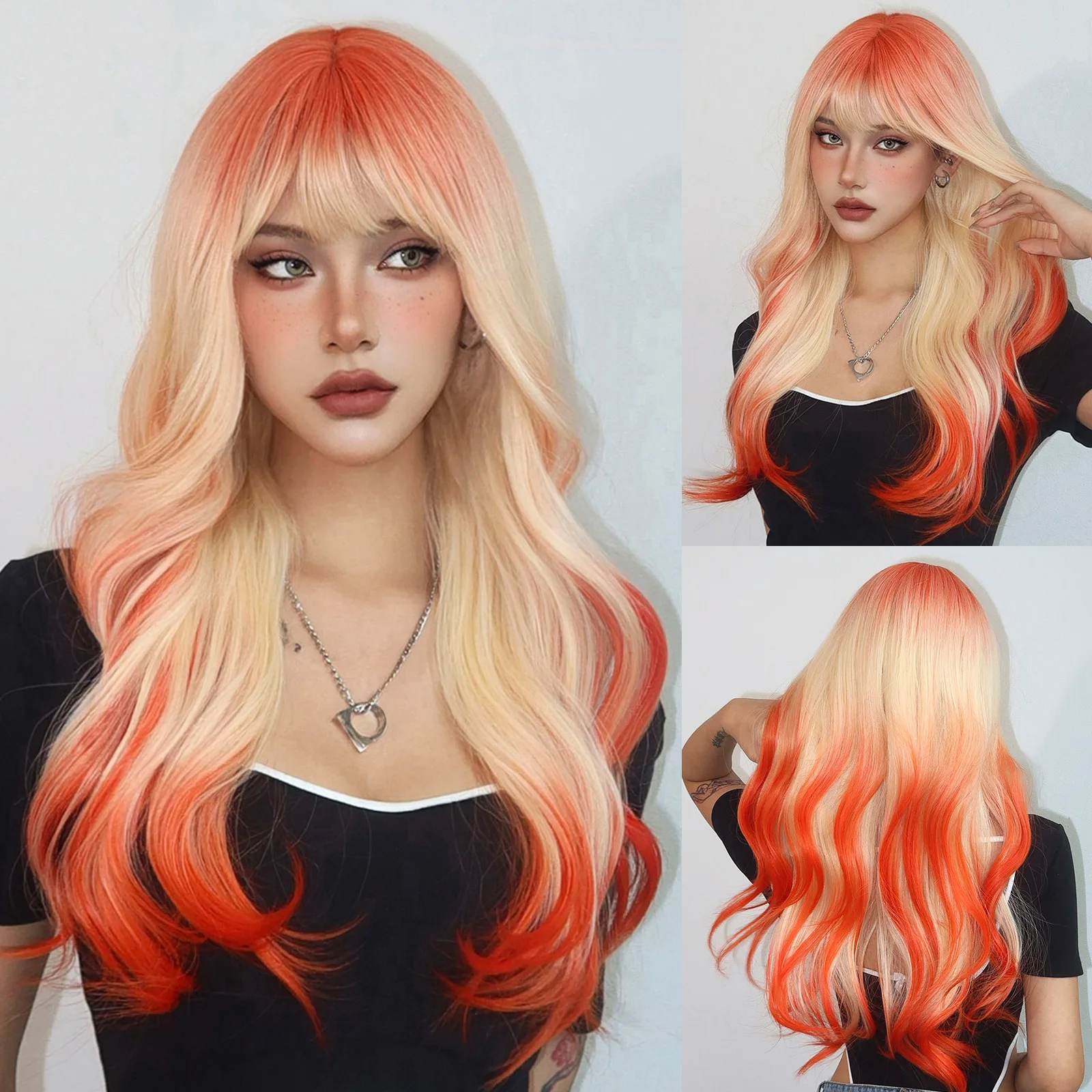 Ombre Orange Blonde Long Wavy Wig Synthetic Natural Wave Cosplay Wigs with Bangs for Women Heat Resistant Lolita Fake Hair