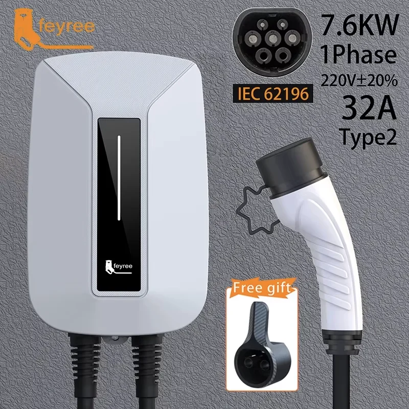 feyree Ładowarka EV typu 2 Wtyczka EVSE Wallbox 32A 7KW IEC62196-2 Gniazdo 1-fazowe 5m Kabel Stacja ładowania do montażu naściennego do samochodu elektrycznego - AliExpress 34