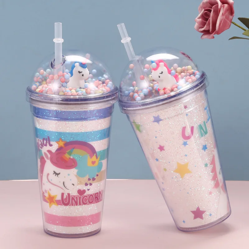 Unicorn Plastic Cups With Lid And Straw Double Wall Tumbler Bubble Tea