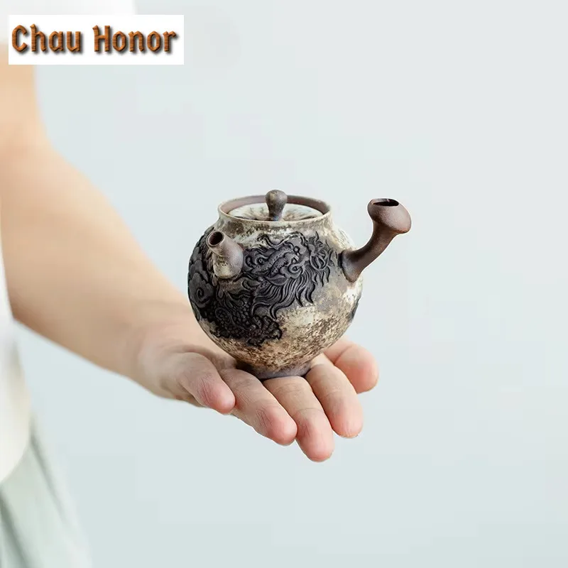 130ml Handmade Relief Ink Dragon Teapot Boutique Powder Yin White Pot Household Tea Making Kettle with Ball Hole Tableware Craft